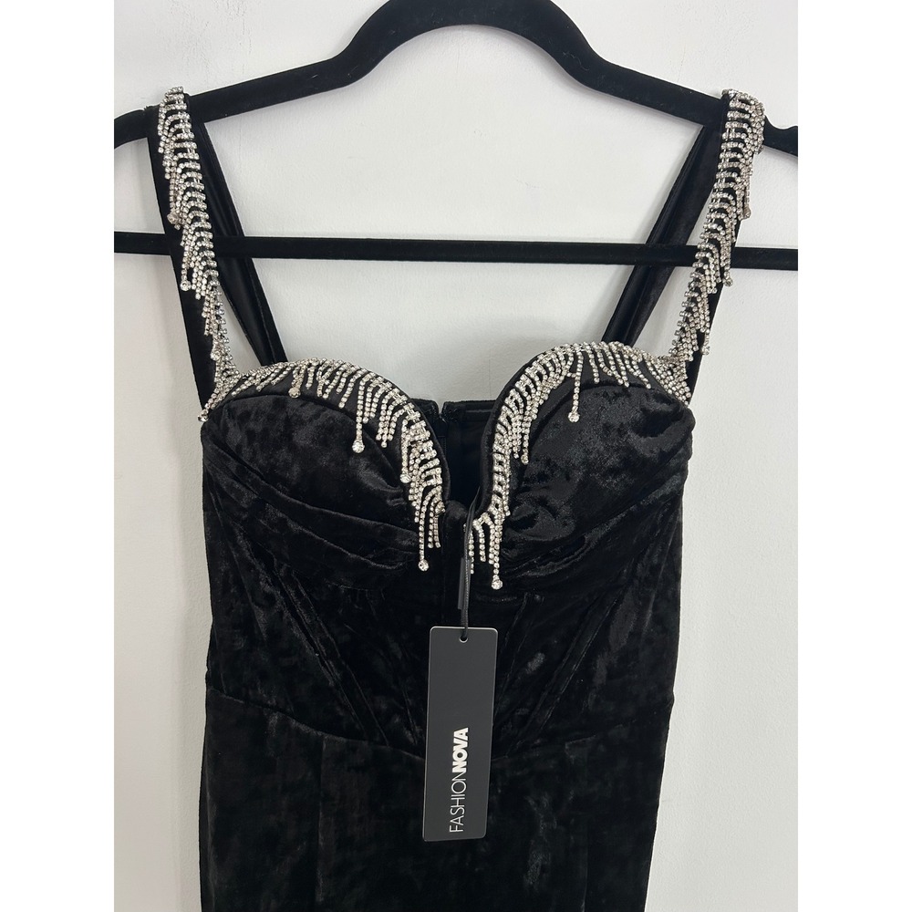 Fashion Nova NWT Gemma Velvet Maxi Dress Black Rhinestone Fringe MF22000 Size S